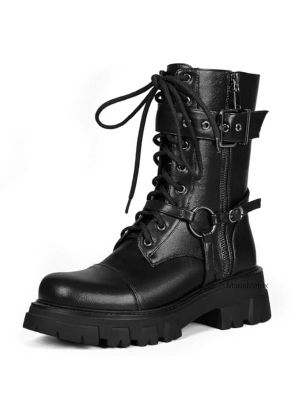 Women's Harness Motorcycle Biker Boots Chunky Mid Calf Goth Combat Boots